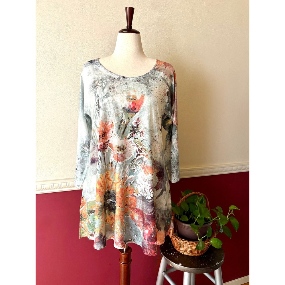 Et Lois Floral Sunflower Artistic Knit Tunic Top L USA Made Art-to-Wear Bohemian